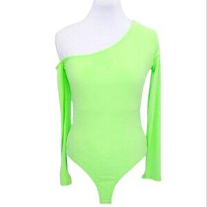 NWOT DEBASE off-shoulder ribbed long sleeves neon green bodysuit